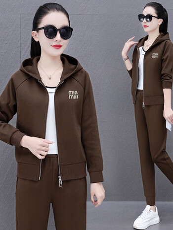 优衣裤官方旗舰店春秋时尚长袖三件套休闲显瘦洋气女装套装咖色l