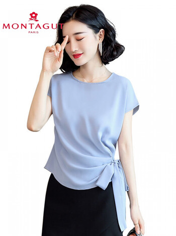 码2022新款夏季显瘦桑蚕丝上衣 浅蓝色 2xl