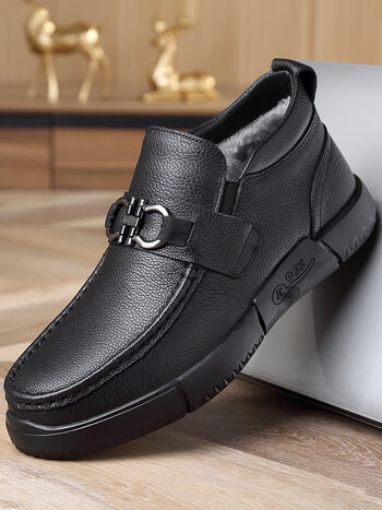 渡诺班尼渡诺班尼高帮棉皮鞋男冬季保暖加绒二棉鞋真皮软底中年爸爸鞋