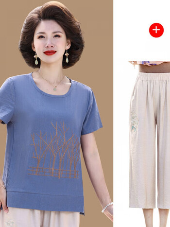 俞兆林妈妈夏装纯棉绣花t恤中年女装洋气棉绸上衣服中老年短袖棉麻