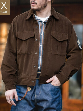 灯芯绒夹克男条绒短款oversize宽松休闲翻领工装外套男装旗t96咖啡色m