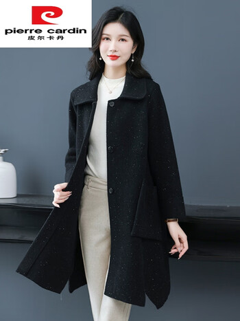 皮尔卡丹pierrecardin秋冬新款亮片毛呢外套中长款200斤胖mm加肥加大