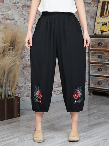 cardin)夏季人造棉七分裤女民族风绣花高腰阔腿灯笼裤妈m妈棉绸睡 1号