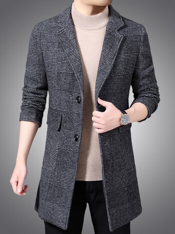 nasalike官方联名羊毛呢大衣男中长款条纹格子外套春秋季薄款呢子羊绒