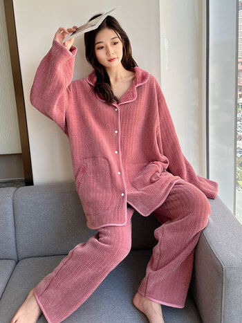 大码长袖睡衣女200斤珊瑚绒保暖两面可穿套装秋冬开衫家居服胖mm紫红