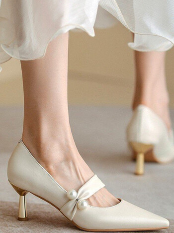 歌百梦高跟鞋女3厘米洋气仙白色法式尖头春秋婚鞋小众珍珠单鞋小跟米