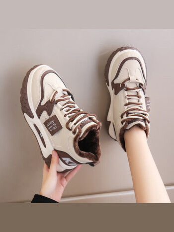 品牌断码踩屎感加绒运动鞋女2024新款冬季皮面高帮保暖学生跑步二棕色
