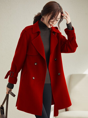品牌女装高端双面羊毛大衣女2022年新款春秋小个加厚毛呢外套红色s
