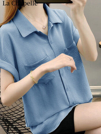 薄款衬衫短袖女2022新款潮宽松遮肚洋气上档次雪纺衬衣上衣女 雾霾蓝