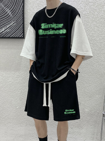 套装 黑色(男式潮人个性帅气潮牌休闲装全套) l-(男款半截袖上衣搭配