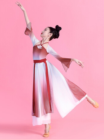 舞民族舞练功服女童扇子舞古风演出服装汉服纱衣水袖中国风古筝演出