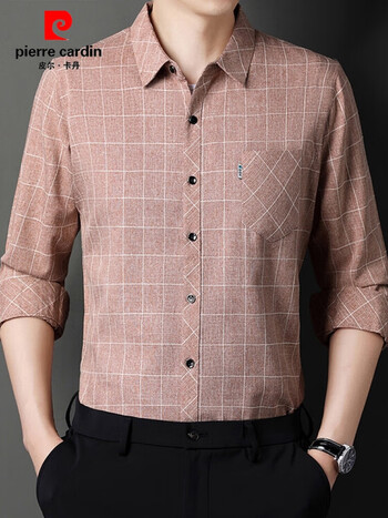 皮尔卡丹棉麻免烫抗皱长袖衬衫男士冬季加绒加厚商务休闲格子衬衣保暖