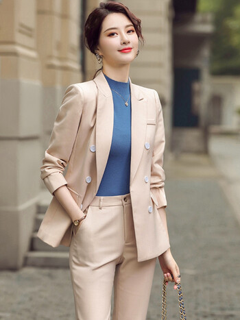 特洛曼双排扣西装女套装中长款韩版英伦风工作服春秋新款时尚职业装