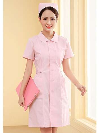 短袖实习生护校美容师大码医生服工作服大褂定制印字logo 粉色娃娃领