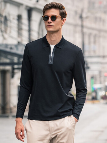 布先生 秋冬季黑色长袖t恤男 翻领商务休闲纯色男士上衣 保暖打底衫