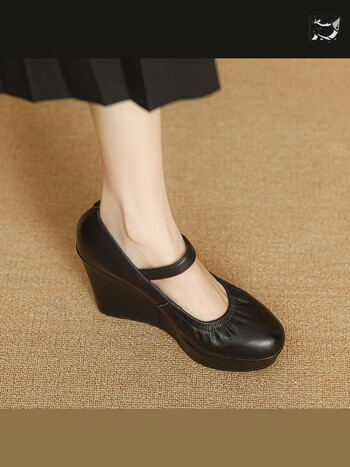 女鞋黑色34>犀牛品尚春夏季新款一字带舒适厚底浅口坡跟单鞋女士软皮