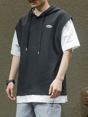 古先森连帽短袖t恤男宽松五分袖男士夏季半袖假两件体恤衫加肥加大码