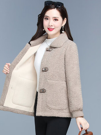 漫花格女装中年装羊羔毛绒外套短款中年女装秋冬颗粒绒加绒米色xl建议