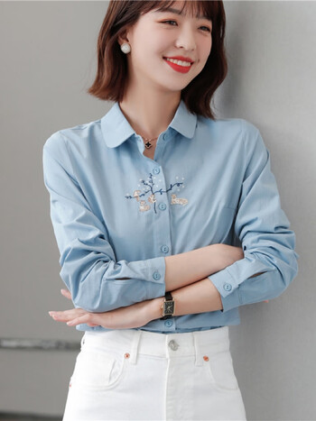 coloritroo2022春清新透气绣花上衣圆角领长袖简约治愈蓝ol女士衬衫
