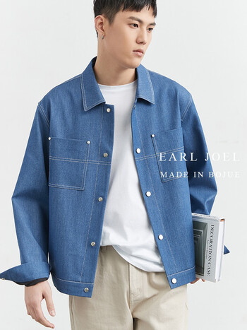 earljoel牛仔蓝明线夹克男2022春秋季新款高端通勤日系短款夹克外套男