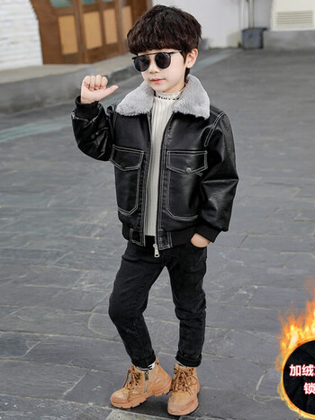 川孩品牌儿童皮衣加绒加厚冬款男童冬季皮夹克毛领小男孩外套加绒保暖