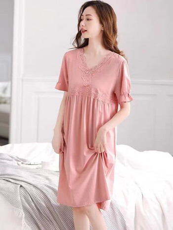 mptison莫代尔棉睡裙女新款大码短袖睡衣春秋夏长款女士宽松可外穿m