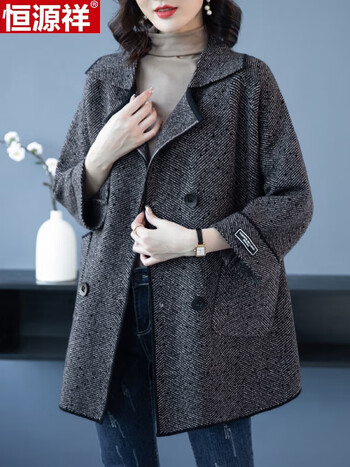 洋气上衣加肥加宽松双面羊绒大衣 黑灰 5xl[175-200斤]【图片 价格