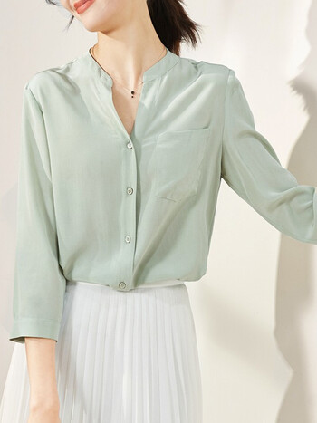 桑蚕丝v领衬衫女2022春装新款时尚洋气真丝女士衬衣上衣豆绿色l