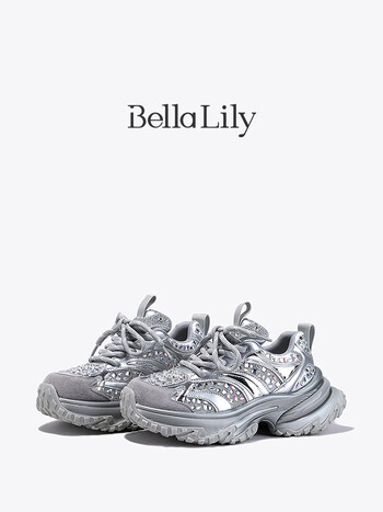 bellalily2024春季新款厚底增高老爹鞋女银色松糕鞋水钻运动鞋子银色