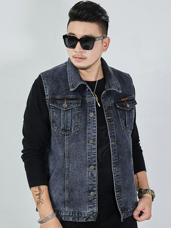 牛仔马甲男胖子宽松加肥加大背心无袖上衣肥佬潮胖特大码坎肩灰色dj