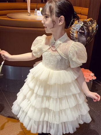 连衣裙中国风女孩旗袍夏装2024新款洋气儿童泡泡袖网纱公主裙杏色100