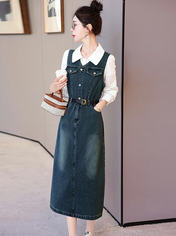 套装2024春秋装新款女装法式气质长袖衬衫收腰背带裙子 深色牛仔套裙