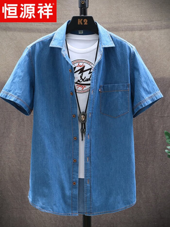 夏季棉质男士短袖衬衫男式休闲全棉牛仔衬衣半袖衫户外上衣浅蓝色4xl