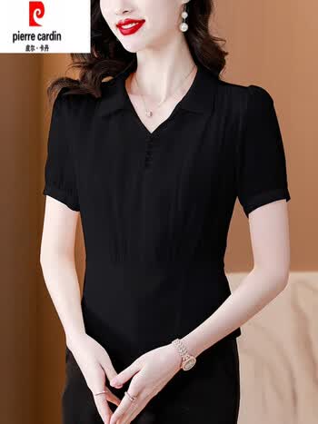 v领短袖雪纺衬衫女士夏季2024新款夏装衬衣女遮肚子上衣黑色m96105斤