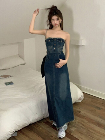 摩舍夏装新款设计毛边抹胸连衣裙一字肩绑带牛仔裙长裙气质女蓝色xs