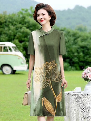 皮尔卡丹pierrecardin夏装改良旗袍连衣裙洋气高贵女士国风短袖裙子