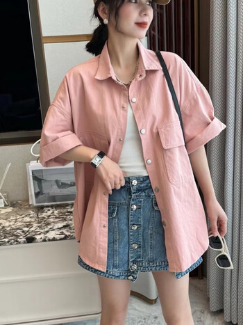 皮尔卡丹pierrecardin欧货粉色牛仔短袖衬衫女2024夏季时尚宽松休闲