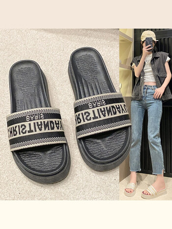 围画凉拖鞋女2024夏季撞色气质松糕鞋圆头增高字母拖鞋女灰色35