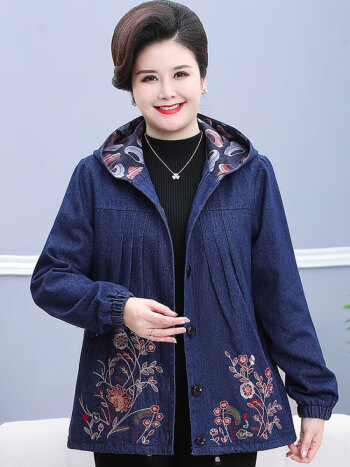 特大码200斤胖妈妈春秋款连帽夹克衫中老年人女奶奶宽松牛仔外套蓝色6