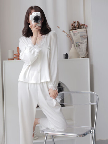桑蚕丝真丝睡衣女秋冬长袖家居服可外穿蕾丝花边气质名媛套装 白色 s
