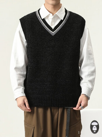 沐秋v领毛衣男秋季美式复古潮牌马甲背心宽松百搭男士针织衫 黑色 m