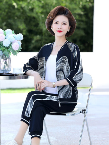 rhck妈妈夏装上衣新款套装中年女装时尚短袖运动服中老年人夏季两件套