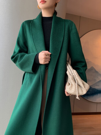 秋冬新款水波纹双面羊毛大衣女中长款宽松韩版系带羊毛大衣- 祖母绿 s