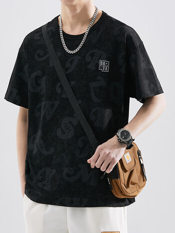 7家优品短袖t恤男宽松休闲打底衫春夏潮流半袖重磅男装t2319黑色l