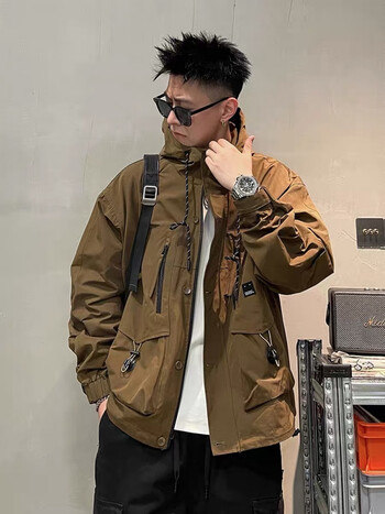 卡思图鲨鱼ins风男装秋季新款连帽工装棉服 咖啡色 l