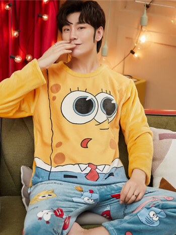 咚憬 爱情公寓4张伟海绵宝宝睡衣珊瑚绒男士法兰绒学生冬季家居服2021