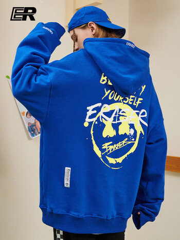 er经典笑脸字母涂鸦卫衣男女同款抽绳连帽宽松街头休闲国潮上衣秋蓝色