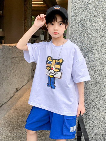 帅气薄款运动两件套中大童学生韩版超酷休闲衣服短袖套装潮白色150