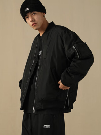 维络斯fromwrting字由秋夏宽松棉衣外套男潮牌刺绣飞行员夹克棉服黑色