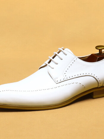 百丽驼美士轻奢皮鞋男款软底鞋头层牛皮商务休闲德比鞋白色结婚新郎